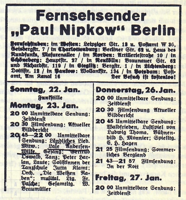 TV-Programm Paul Nipkow Januar 1939